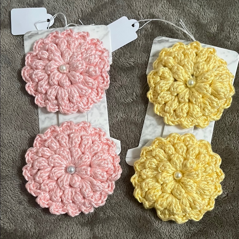 Pink and Yellow Crochet Flower Hair Clips hand made with love